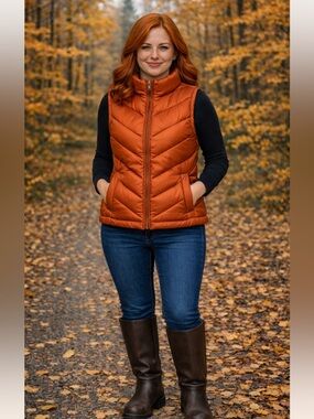 Eddie Bauer Woman's Petite Large Copper Goose Down Chevron Quilted Zip Up Vest